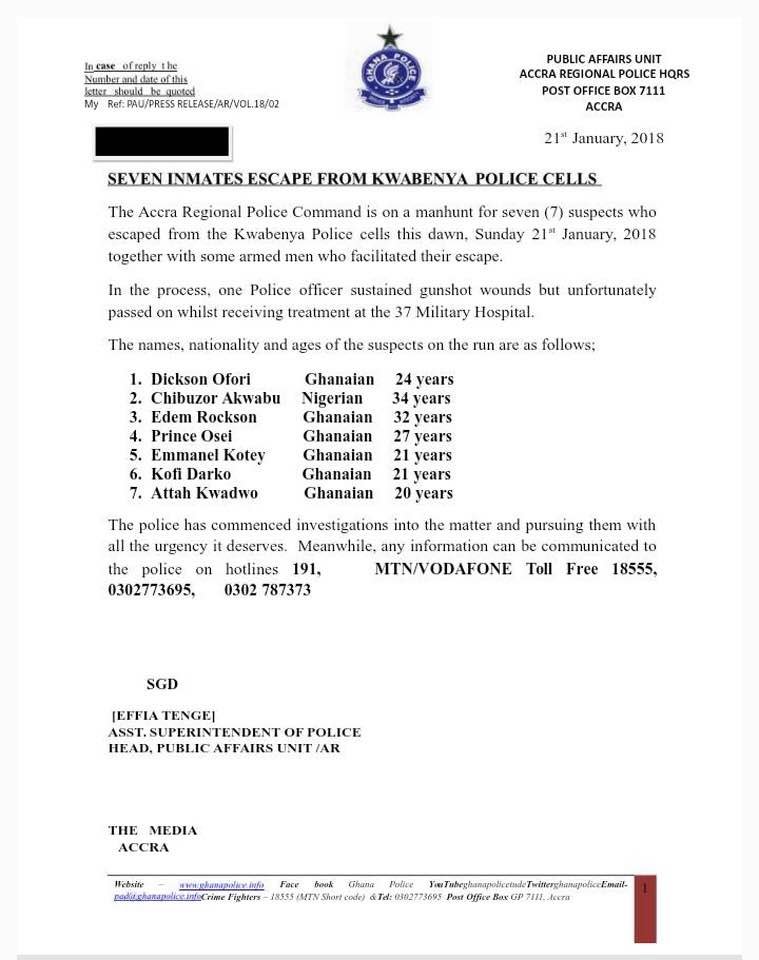 Kwabenya police release letter