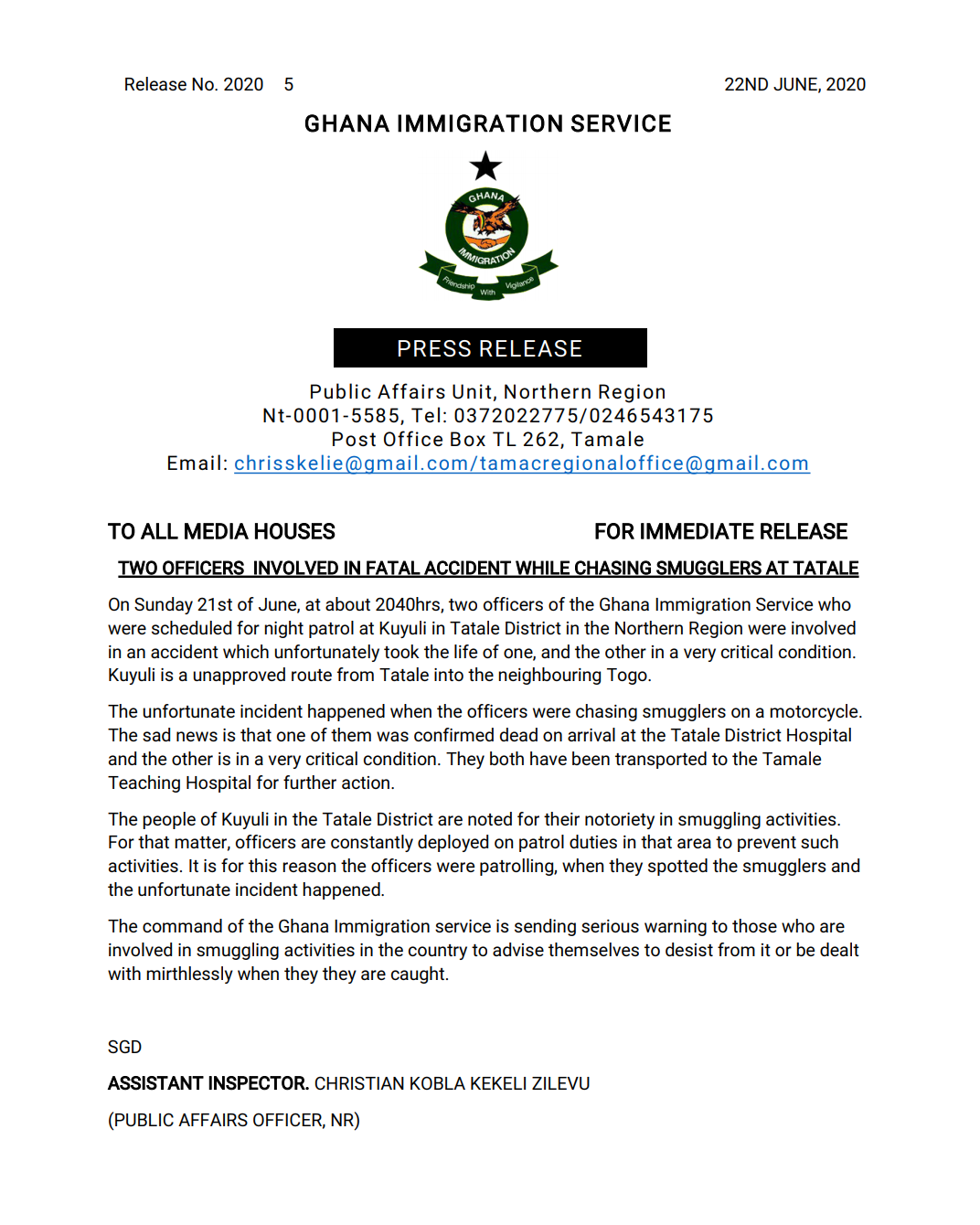 Immigration officer dies in crash while chasing smugglers at Tatale